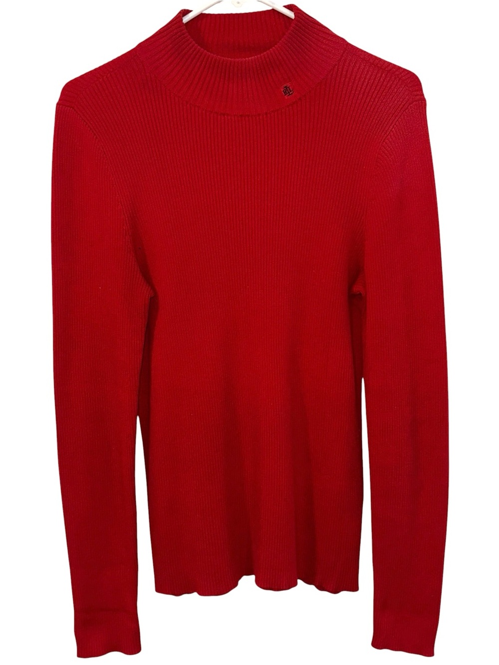 Lauren Ralph Lauren Red Ribbed Mock Turtleneck Size L Logo on Neck Preppy
